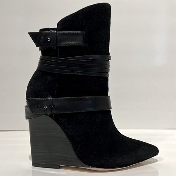 Alice + Olivia Owen Pointy Toe Wedge Heel Suede Black Booties Size 36 NWOT - Picture 3 of 16